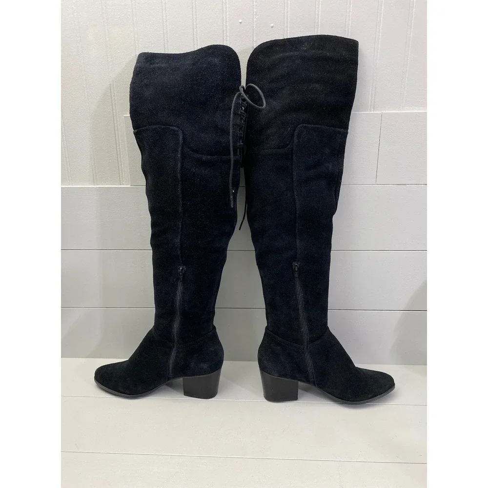 Aldo Suede Over The Knee Boots Women Size 8 Black Lace Up Block Heel OTK